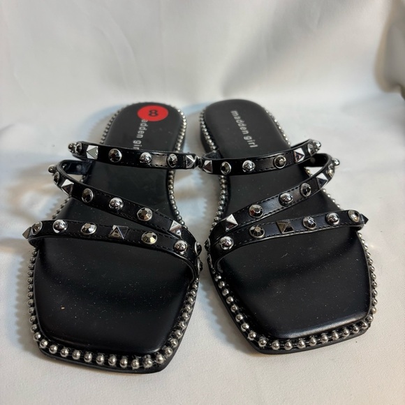 Madden Girl SZ 8 Bondi Black Flap Studded Slides Square Toe Strappy Sandals NEW - Picture 3 of 7